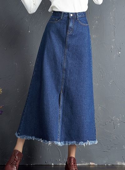 Casual High Waist Maxi A-line Denim Skirt with Tassel novashe.com .