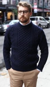 Fall business casual with a navy cable knit sweater white button .