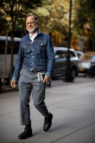 Black Leather Shoes with Blue Denim Jacket Spring Outfits For Men .
