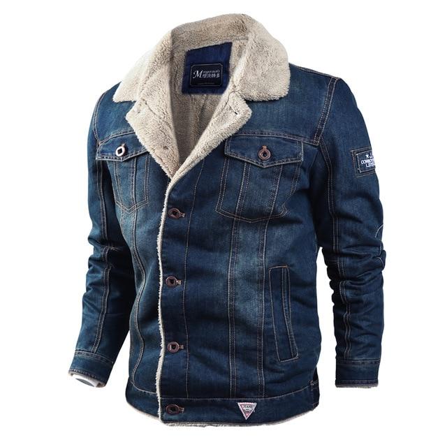 Winter Mens Denim Jacket Fur Collar Warm Thick Male Casual Jeans .
