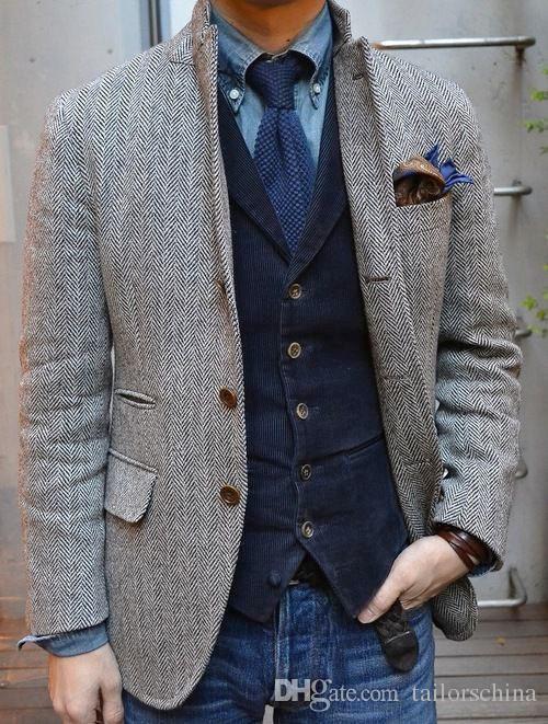 Tailorschina Grey Mens Tweed Suit Tuxedos Slim Fit Blazer Suits .