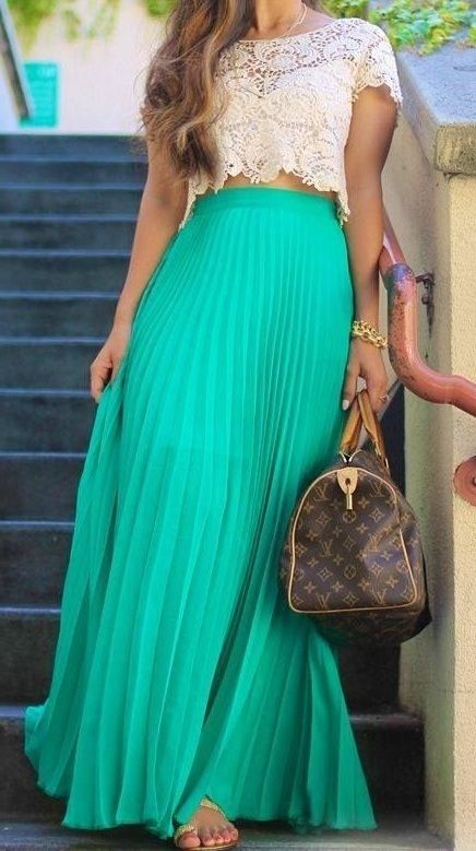 CLICK & BUY :) Beautiful mint green maxi pleated summer long skirt .