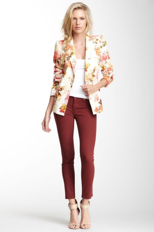 Picture Of a white top, burgundy pants, a floral blazer, nude .
