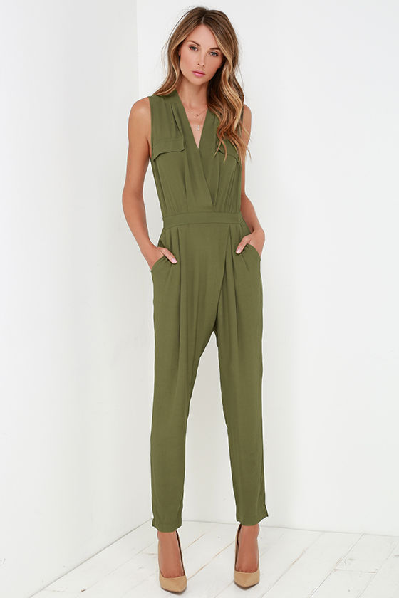 Stylish Olive Green Jumpsuit - Sleeveless Jumpsuit - Olive Green .