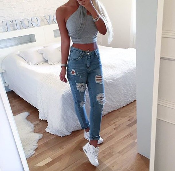 blouse, grey, one shoulder, crop tops, cool, jeans, ripped jeans .