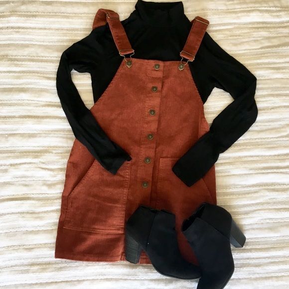 Burnt orange corduroy button-front overall dress | Fall dress .