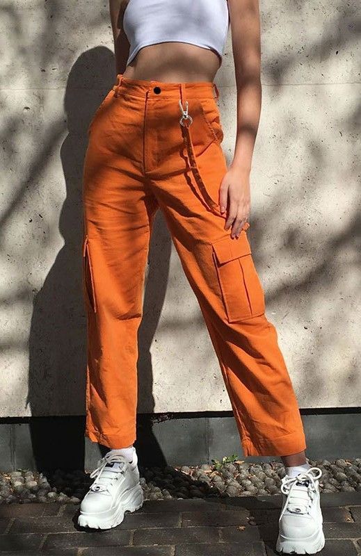 High Waist Orange Cargo Pants in 2020 | Pants women fashion .