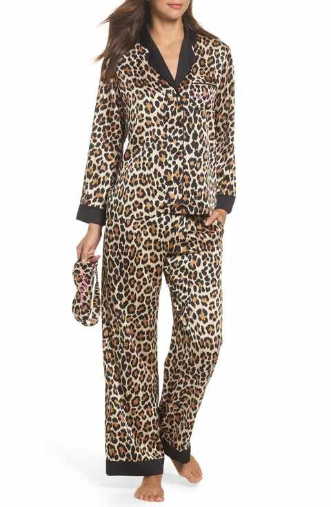 kate spade new york leopard print charmeuse pajamas & sleep mask .
