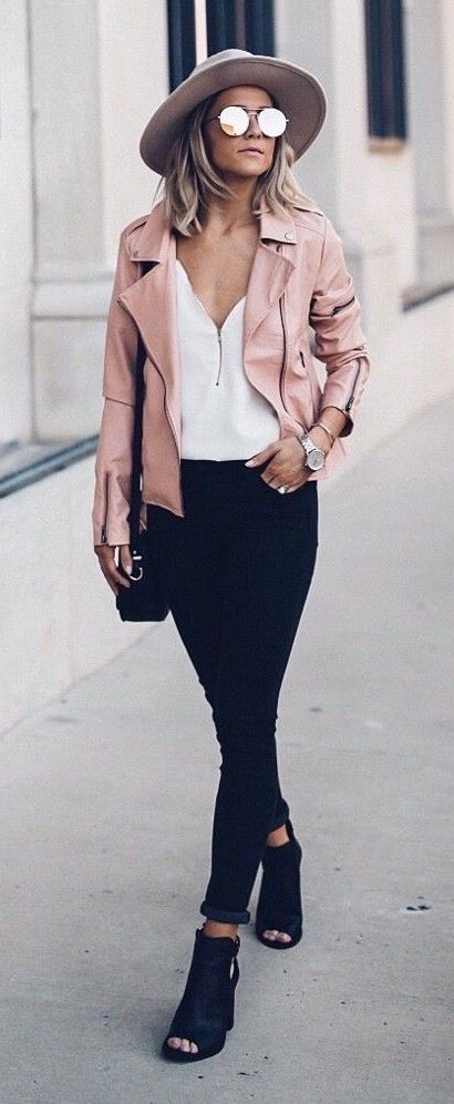 Hats, pink pastel colors, leather jackets, and black jeans .