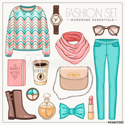Vector stylish fashion set of woman's clothes, accessories and .
