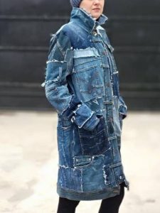 Custom Ripped Denim patchwork jacket coat . Long ripped jeans .