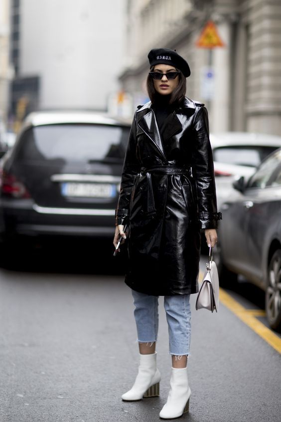 Black patent leather trench coat, white bootie outfit. Street .