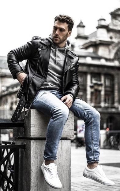 Fall combo inspiration with a black leather jacket gray hooded .
