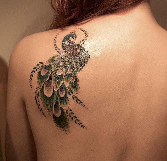Green peacock tattoo | Cool shoulder tattoos, Shoulder tattoos for .