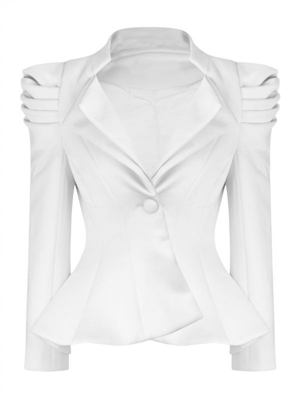 Women's Button Panel Pleated Puff Shoulder White Peplum Jacket .