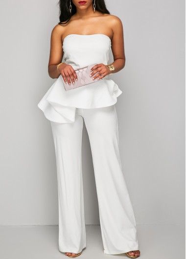 High Waist Strapless Flouncing White Jumpsuit | Jumpsuits for .