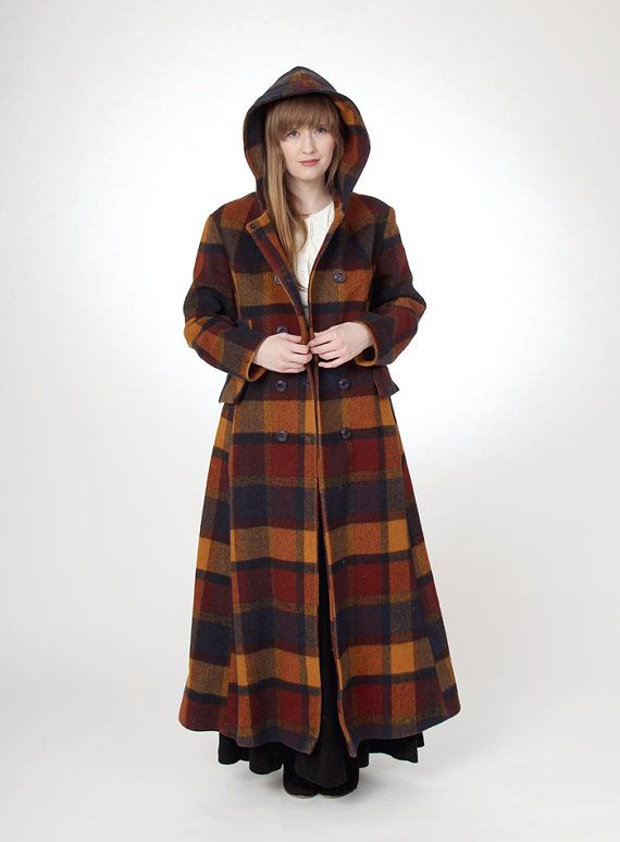 RESEVED Vintage 1970s wool plaid hooded double-breasted maxi coat .