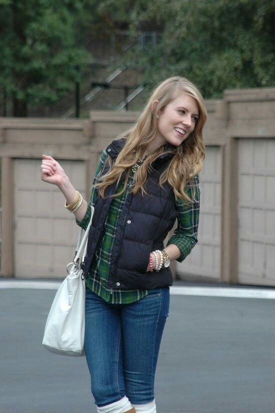 Green plaid button down and black puffy vest | Vest outfits for .