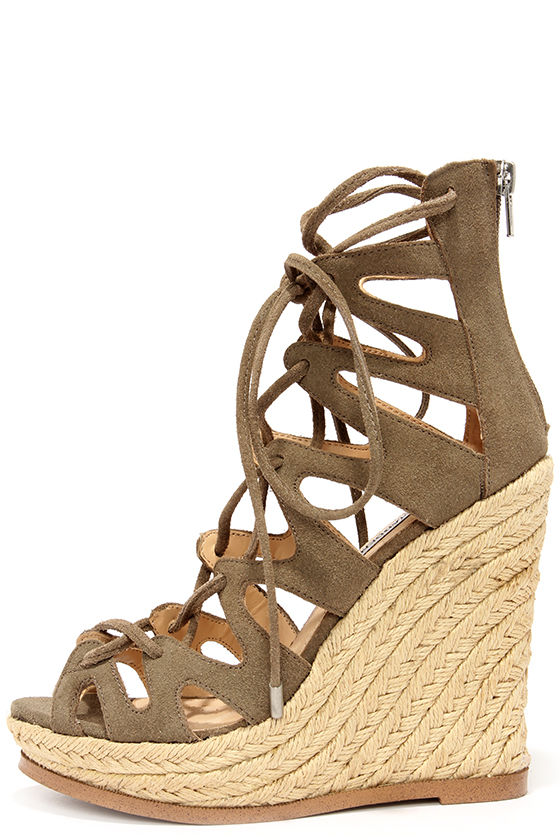 Cute Taupe Suede Wedges - Lace-Up Heels - Wedge Sandals - Lul