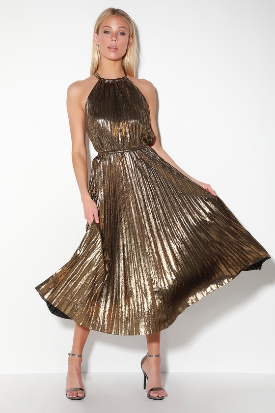 Chic Gold Dress - Halter Dress - Midi Dress - Pleated Dress - Lul