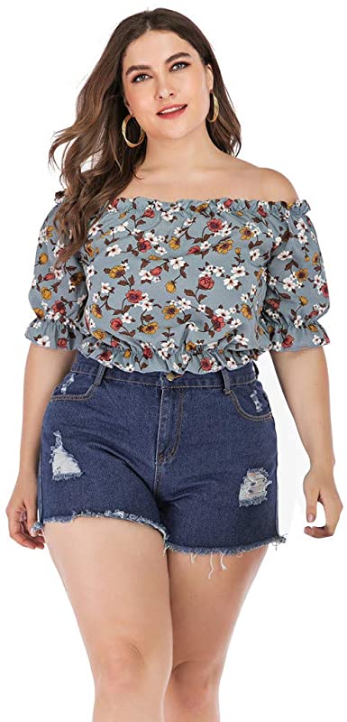 Plus Size Tops for Women Off Shoulder Floral Print Casual Summer .
