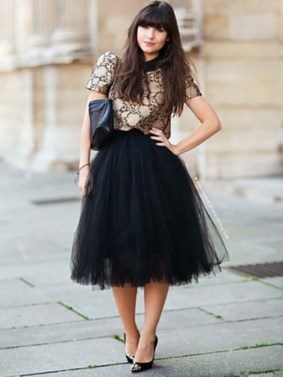 Black Grenadine Pleated Plus Size Fashion Tutu Midi Skirt - Skirts .