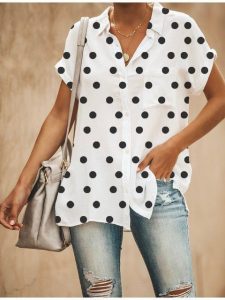 Shop SHIRTS - Short Sleeve Summer Polka Dots Button Cotton-Blend V .