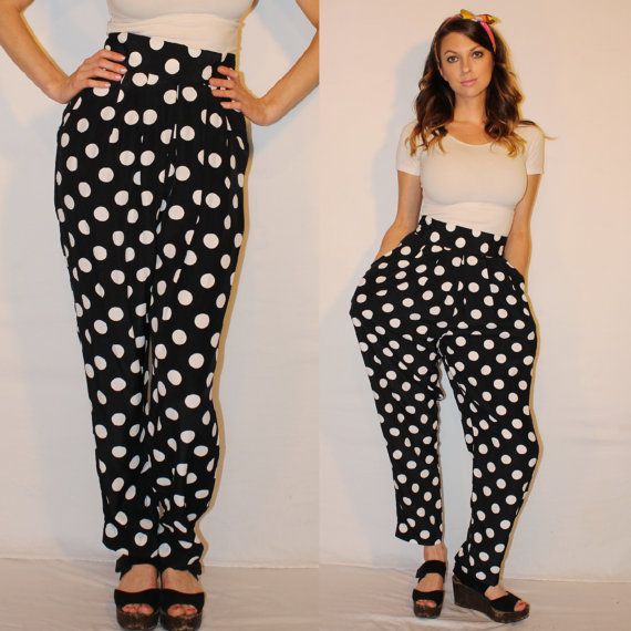 Vintage 80s High Waisted Pants, Black + White Polka Dot Print Mod .