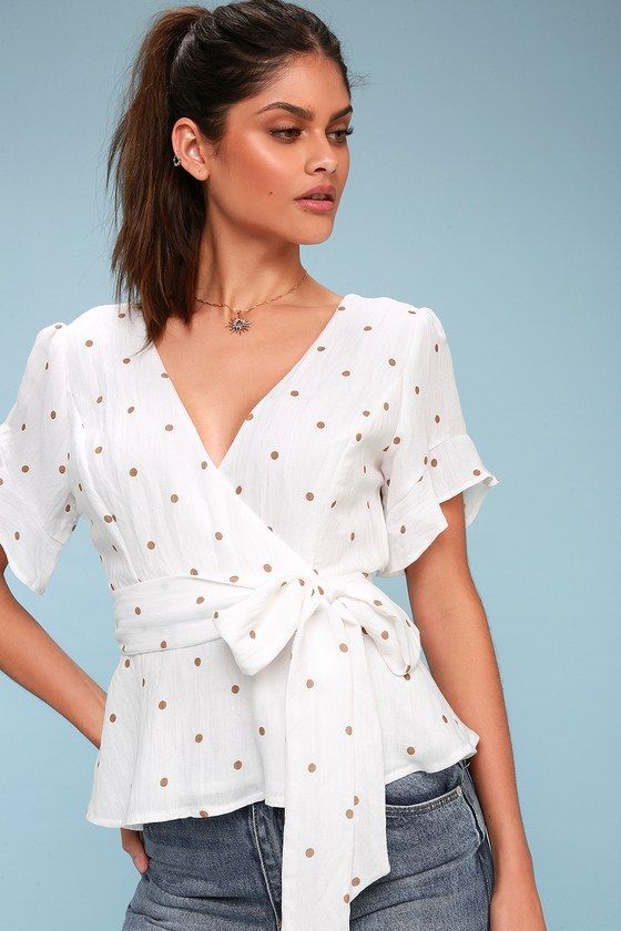 Artemis White and Tan Polka Dot Peplum Top | Woven top outfit .