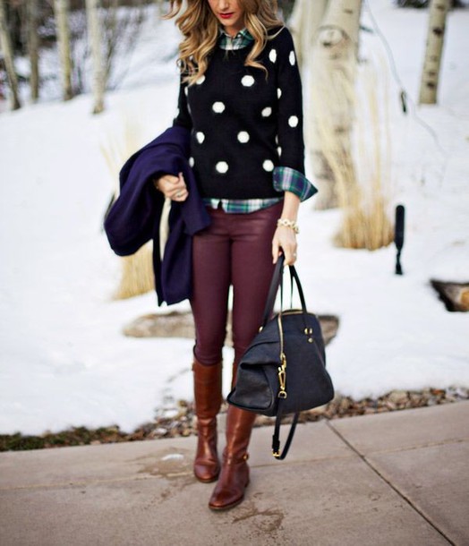 pants, preppy, polka dot sweater, plaid, leather pants, winter .