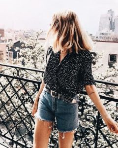 Polka dot blouse with denim shorts. | Summer fashion, Fashion .