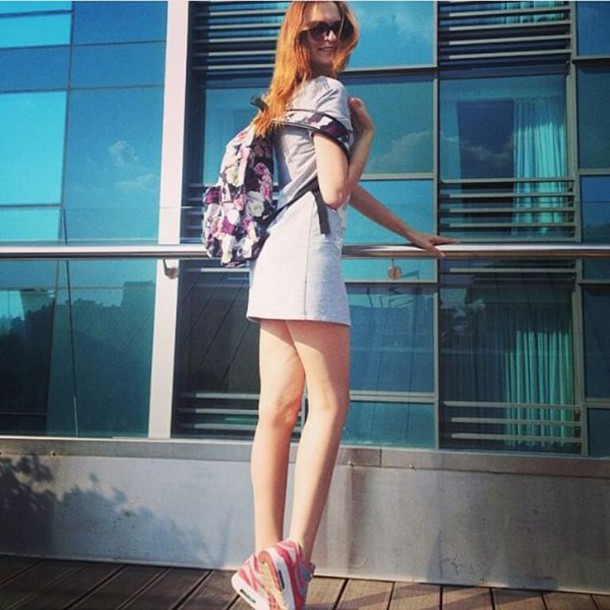 bag, backpack, legs, white dress, sneakers, nike, street, summer .