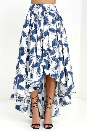 Tropical Getaway Blue and Ivory Floral Print High-Low Skirt .