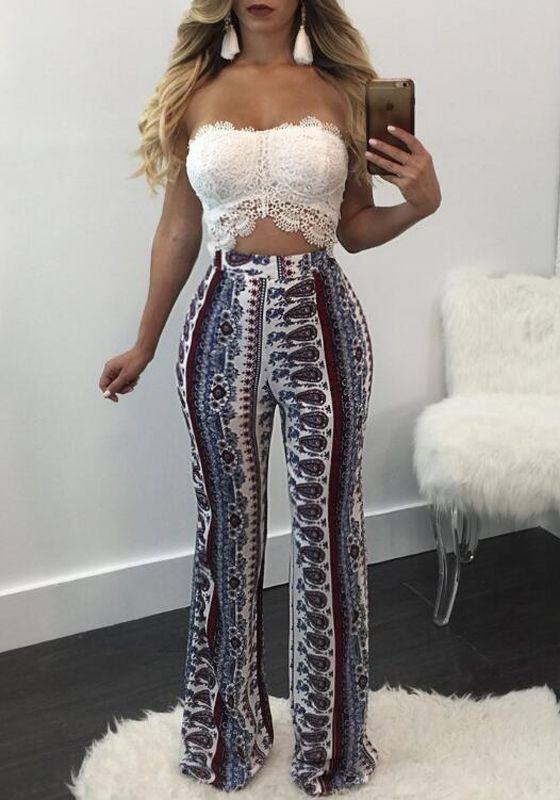 White Tribal Floral Print High Waisted Bohemian Bell-Bottom Flare .