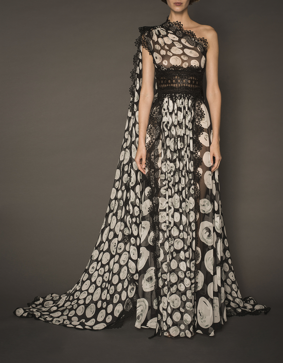 Printed One Shoulder Cape Gown with Lace Trim – Naeem Kh