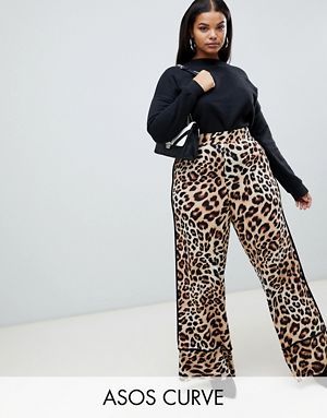 ASOS DESIGN Curve wide leg pants with contrast binding in leopard .