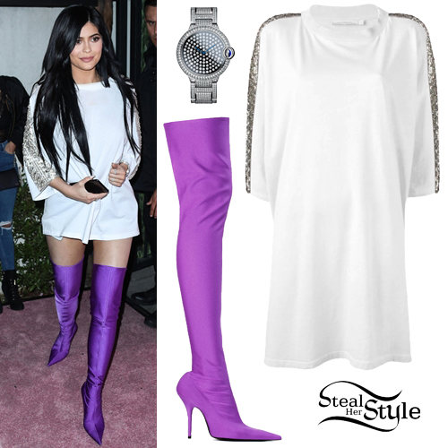 Kylie Jenner: Embellished Tee Dress, Purple Boots | Steal Her Sty
