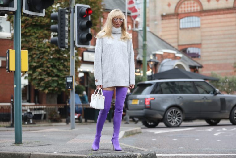 Grey sweater and purple boots equals cosy and fun outfit - Maggie .