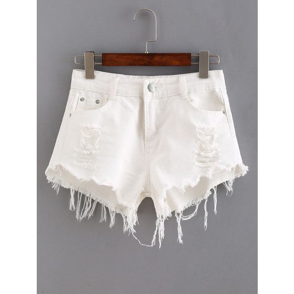 Ripped Raw Hem White Denim Shorts | White ripped jeans, White .