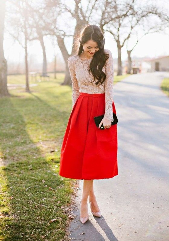 Red Plain Pleated High Waisted Vintage Satin Skirt | Winter .