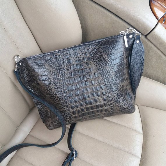 Leather shoulder bag Black Reptile Leather Crossbody Bag | Etsy .