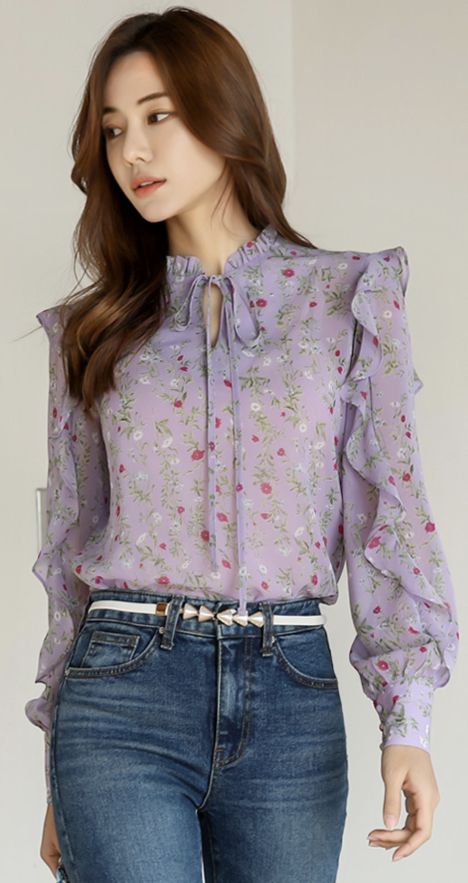 Floral Print Ruffle Sleeve Chiffon Blouse | Chiffon fashion .