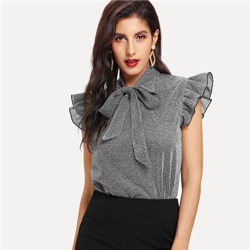SHEIN Womens Gray Tied Neck Ruffle Sleeve Summer Casual Tops And .