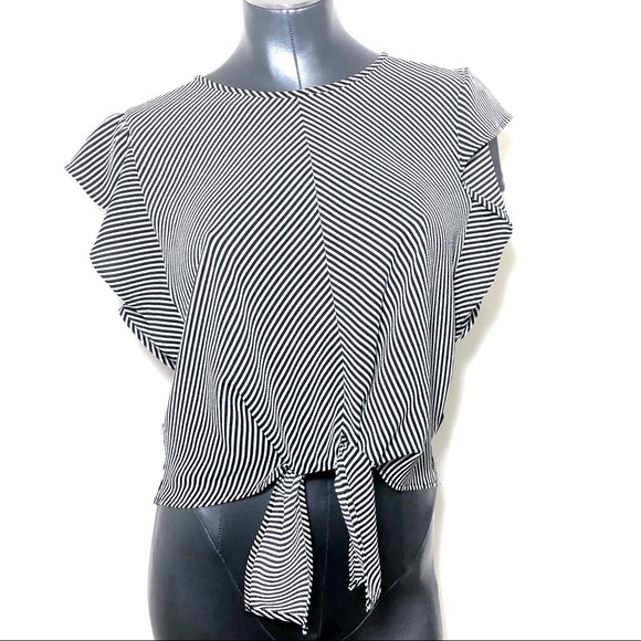 Monteau Tops | Pin Stripe Tie Front Ruffle Sleeve Summer Blouse .