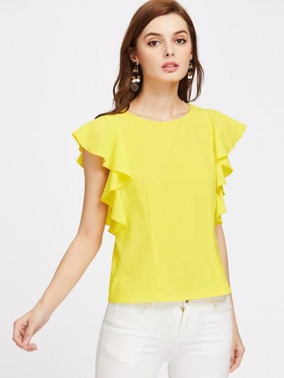 yellow cap sleeve ruffle fringe top, yellow blouse with ruffle .