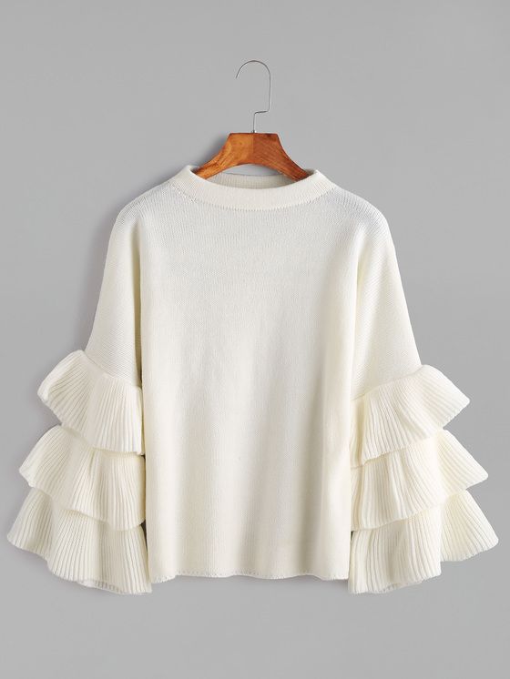 Online shopping for White Layered Ruffle Sleeve Pullover Sweater .