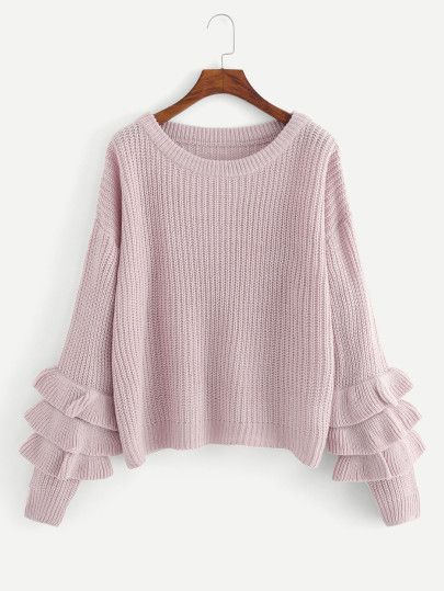 Shop Tiered Ruffle Sleeve Solid Sweater online. SheIn offers .