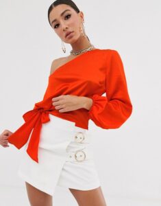 ASOS DESIGN one shoulder top in satin with knot detail | AS