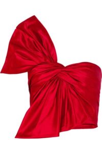 Reem Acra | One-shoulder bow-embellished silk-satin bustier top .