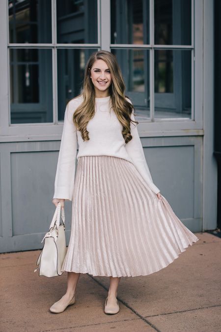 Satin crinkle midi skirt and cream sweater | Miss Madeline Rose .